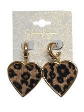 JESSICA SIMPSON GOLD TONE HOOP WITH DANGLE HEART LEOPARD FAUX FUR DROP EARRINGS