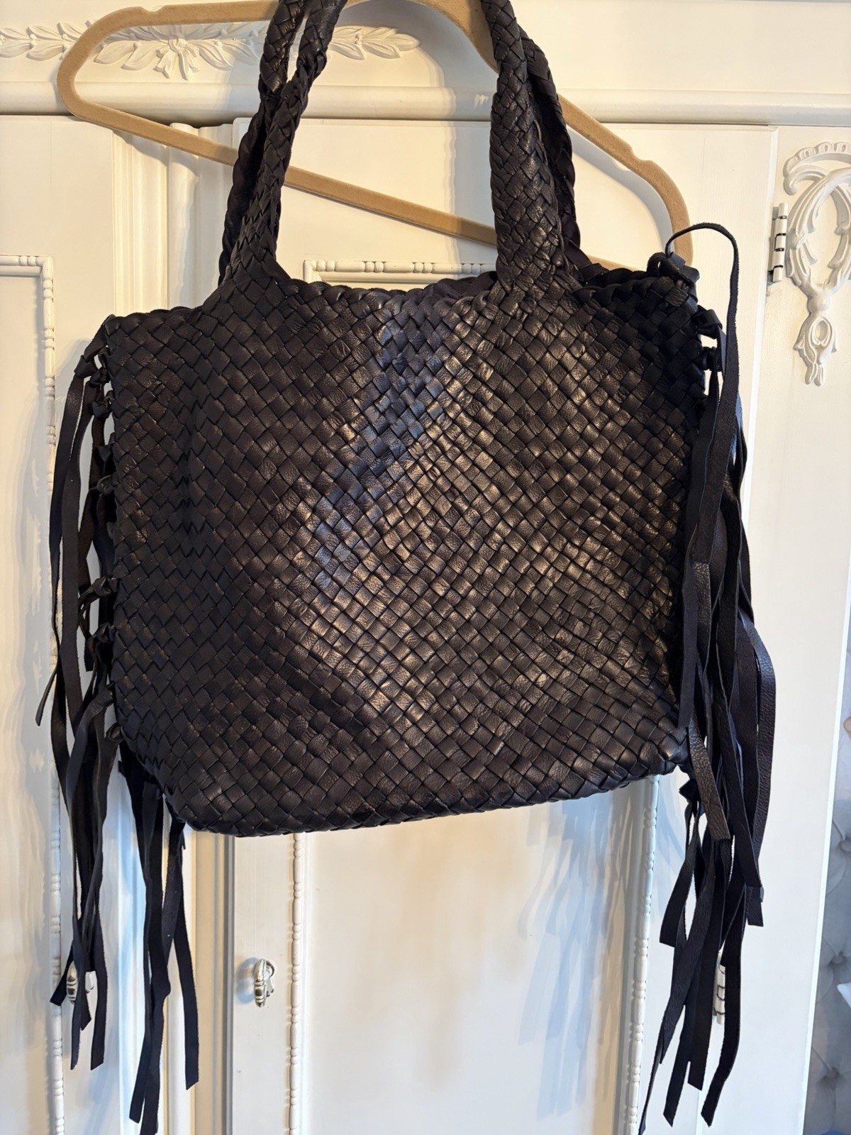 Anthropologie Genuine Leather Black Woven Tote With Fringe