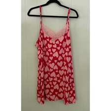 Joyspun Chemise Red Nightie with Pink Hearts Pink Lace Trim Adjustable Straps XL