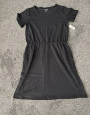 Women's Black Short-Sleeved Elastic Waist Cotton Jersey Minidress