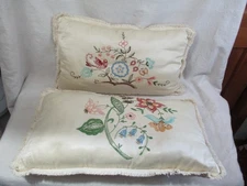 2 Vintage Cream Silk Embroidery Pillows 21 x 12 Floral Bird Fringe Grannycore