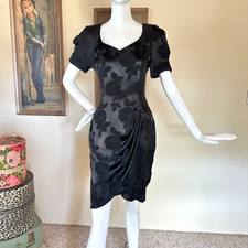 Vintage 1980s Glam Vamp Black Jacquard Draped Cocktail Wiggle Party Dress S/M