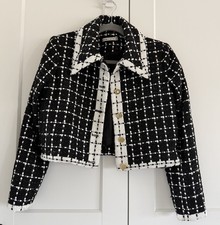 Alice Olivia Renae Tweed Black White Sparkle Cropped Jacket Sz Sm