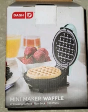 Dash Mini Waffle Maker Light Blue 4 inch Cooking Surface Cute Breakfast With Box