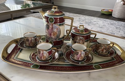 Vtg Czechoslovakia Pirken Hammer Gold Hand Paint Tea Set Pot Sugar 4 Cups Tray