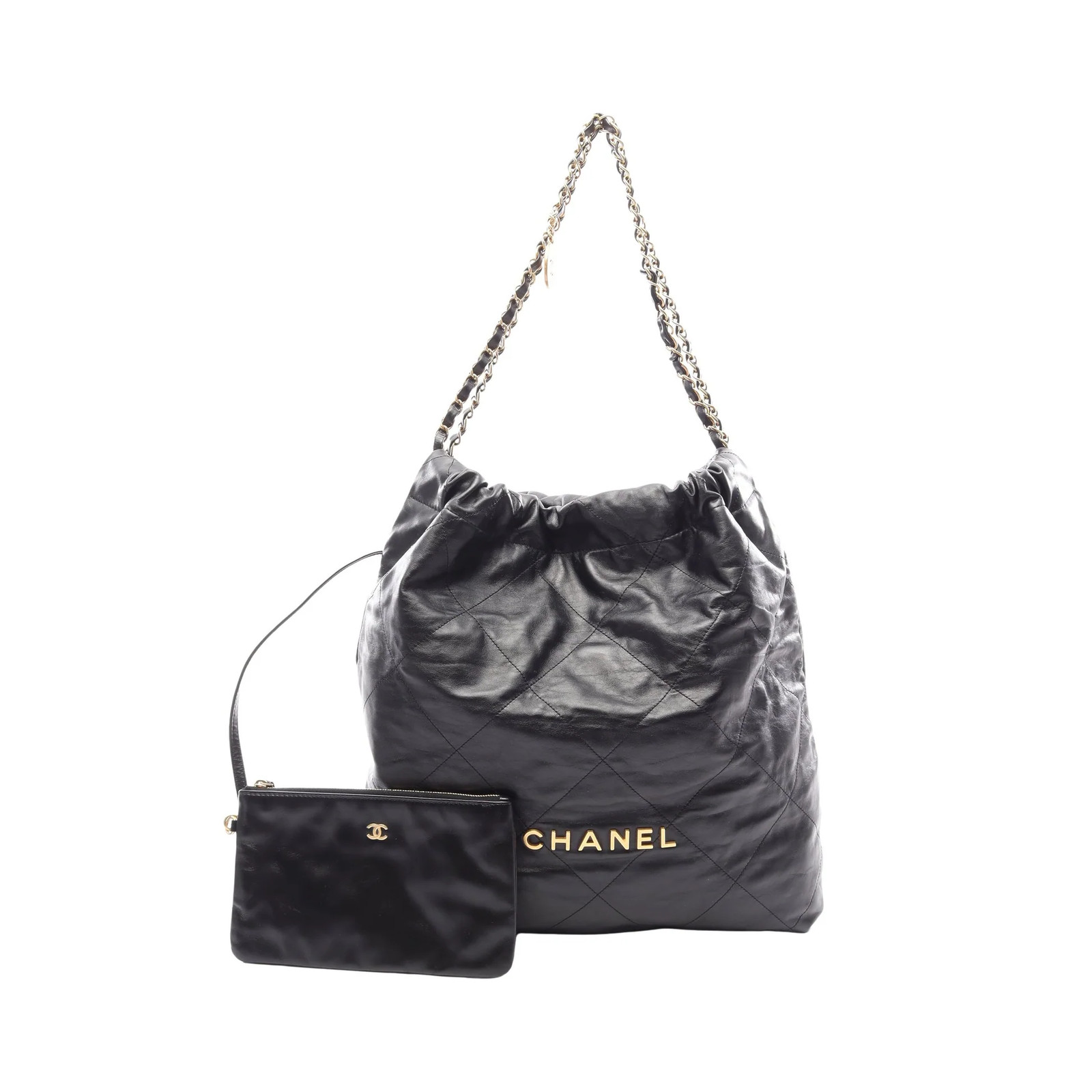 Chanel Matelasse 22 Shoulder Bag Black Leather Quilted Gold Hardware #RCB17464