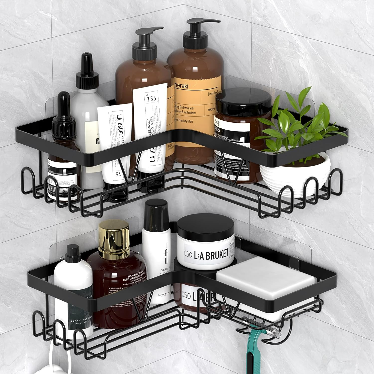 Étagère de douche sans perçage noire en aluminium pour le rangement de la salle de bain