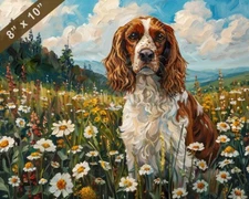 Welsh Springer Spaniel painting in a blooming meadow 8x10 Print 
