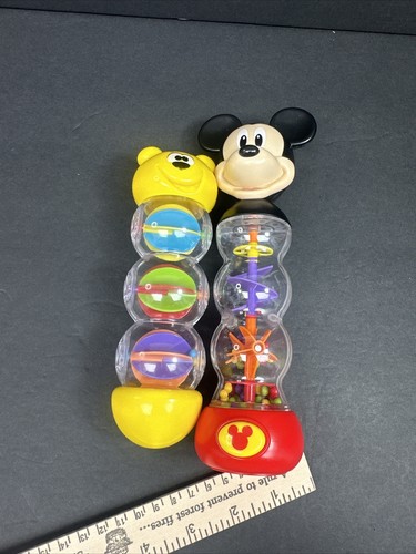 Disney Mickey Mouse Rainmaker 12+ Months Rattle Light Up & Bear 2pc Lot EUC