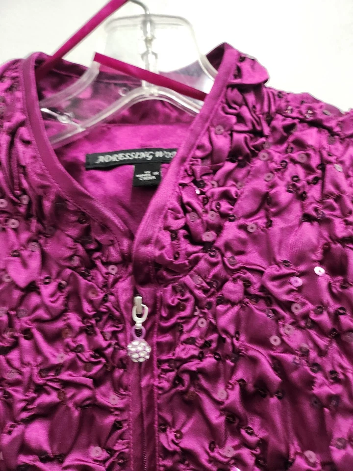 Adressing Woman Womens Jacket Size 1X Fuchsia Zip Up Crinkled Sequined Artsy - Image 2 of 4