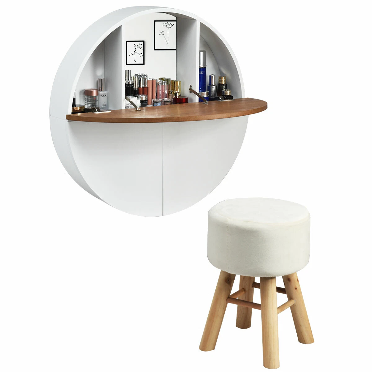 Wall Mounted Round Vanity Table Set Floating Desk w Fold out Tabletop Mirror