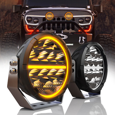 2×7'' Round LED Pods Driving Light Bar White Amber DRL Flood Spot SUV Offroad ATV