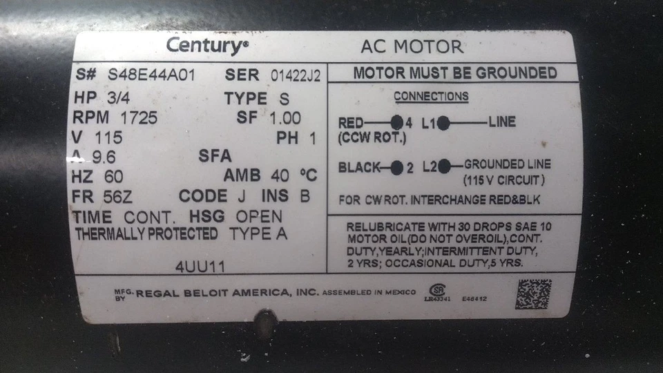 Century OS2074 3/4 HP 1725 RPM 115VAC Split-Phase Belt Drive Motor (C) - Image 2 of 4
