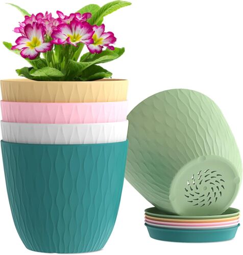 6 inch Flower Pots, 5 Pack Plant Pots with Drainage 6inch 5pcs, Colorful