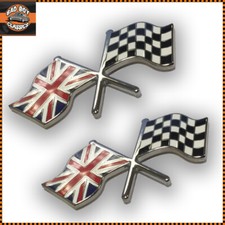 2x Chequered Flag / Union Jack Enamel Badge Decal Emblem CLASSIC CAR 