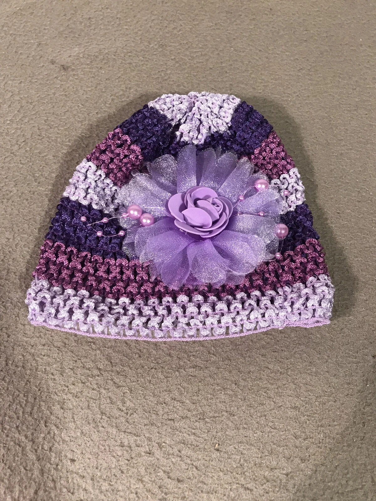 Crochet Baby Girls Purple Hat With Purple Flower Christening Hat Age 1-2 Years