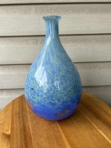Pier 1 Blue Speckled Swirl Ocean Abstract Large Hand Blown Art Glass Vase 11.5"