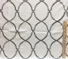 Fabric White Linen w/ Metallic Silver or Gold Embroidered Lattice Circles Sewing