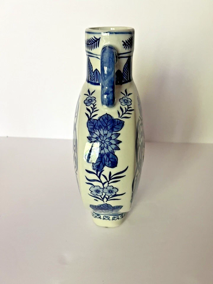 NUEVO Florero redondo floral azul y blanco con asas 11" de alto Foto 4 de 4