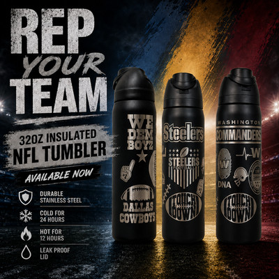 NFL Fan Team Laser Engraved 32oz Tumbler | Insulated Sports Bottle