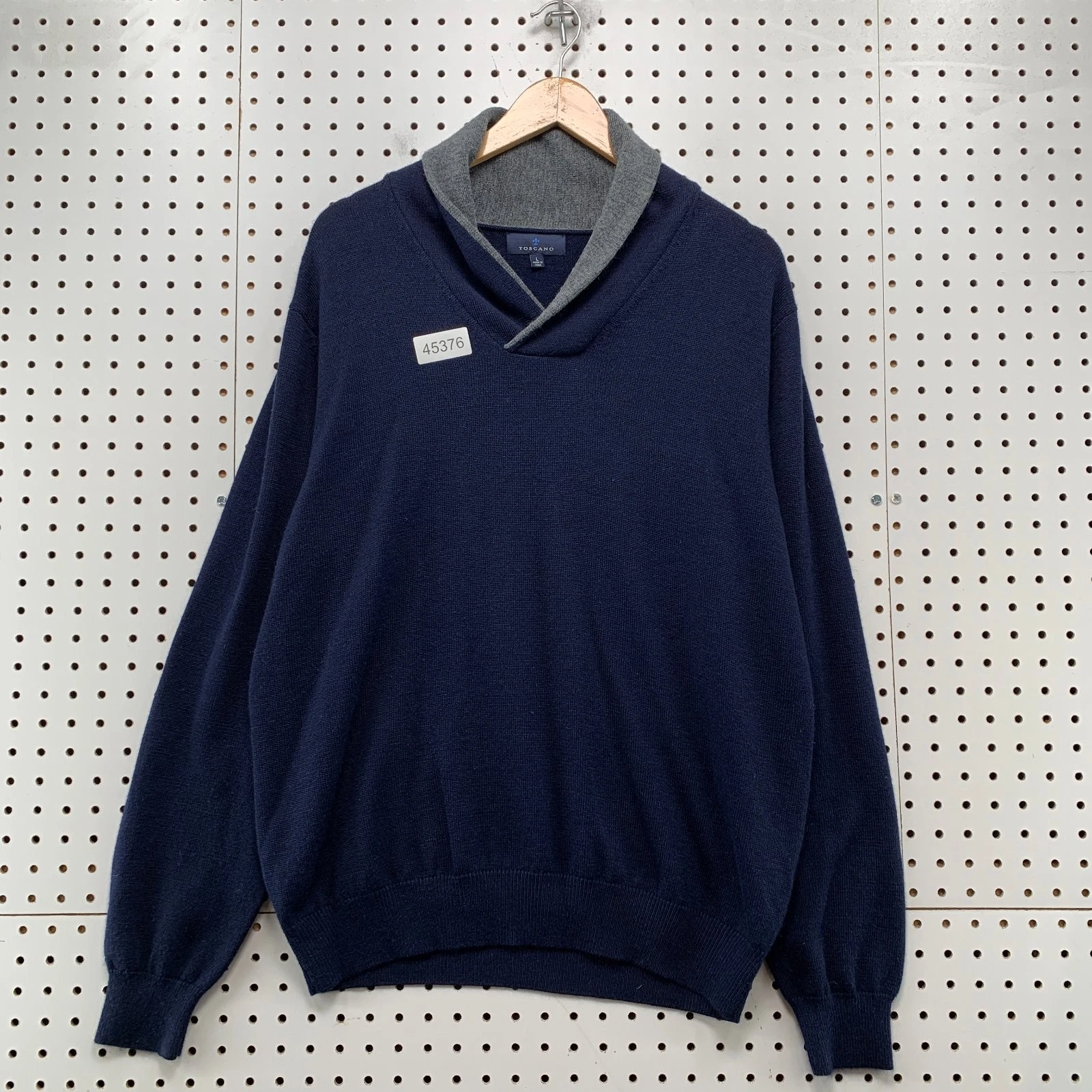 Toscano Merino Wool Sweater Mens Large Blue Shawl Collared Knit Soft