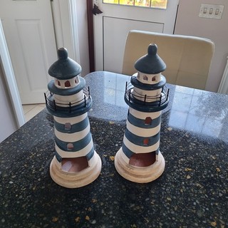 Nautical Pair Large 29cm Blue & White Ceramic Lighthouse Tealight Candle Holders