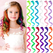 12 PCS Curly Clip-In Colored Hair Extensions for Kids  Women, 17 Inch