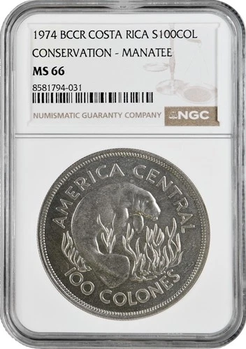 Costa Rica 100 colones 1974, NGC MS66, "Conservation - Manatee" silver coin