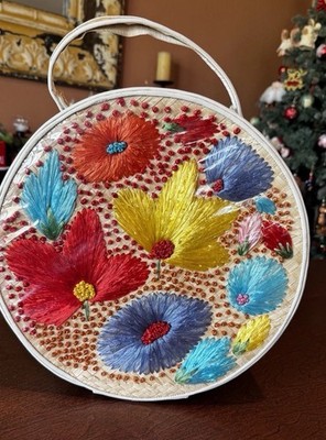 Raffia Hat Box Purse Lucite Lid Floral Novelty Handbag MCM Hollywood Regency