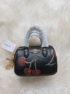 NWT COACH Mini Rowan Bag Charm Cherry Print Smooth Leather Gold/Black Multi