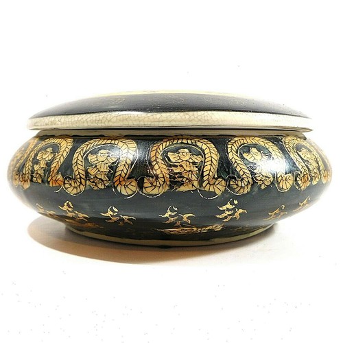 Large Black Chinese Trinket Box Hunting Scene Porcelain 7" - Picture 5 of 7