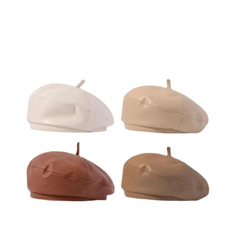 4127 Pu Leather Berets For Women Lady Girl Hat French Style Beanies Womens PU Leather Beret Hat French Artist Cap Solid Color  main image 2