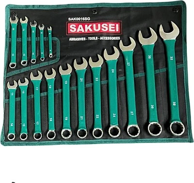 SAKUSEI TOOLS 16 Piece Soft Grip Spanner Set 6-32mm 16pc Green Combination Spanner Kit