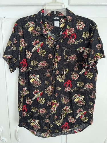 Star Wars Button-Up Short Sleeve Black Boba Fett Floral Hawaiian Size Medium - Bild 1 von 6