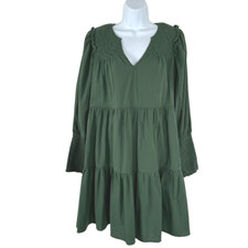 Pomander Place Ceci Mini Dress XS Green Smocked Tiered Long Sleeve DR-1586