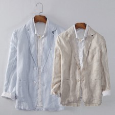 Men's Linen Thin Cool Suit Coat Loose Casual Wedding Striped Jacket Top Notch