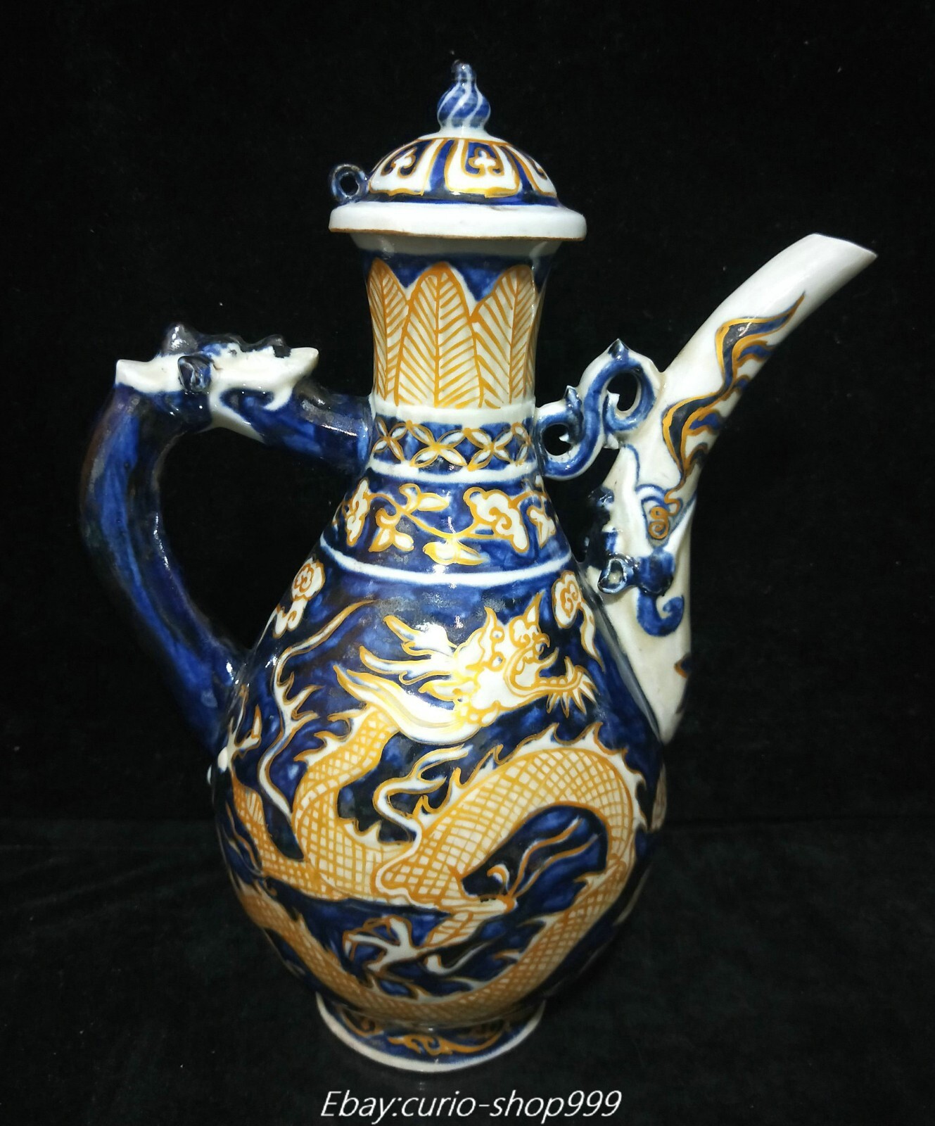 12-Inch Blue White Porcelain Chinese Dynasty Gilded Dragon Beast Animal Design Wine Pot Flagon