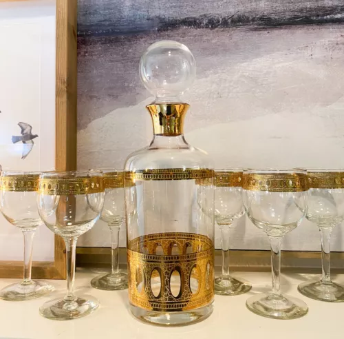 Vintage Culver Antigua Decanter And Six Wine Glasses MCM 22k Gold Barware EUC