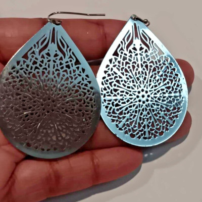 Estate Tear Drop Open Work Silver Tear Drop Hook Earrings