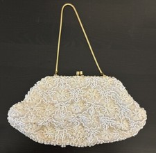 Vtg La Regale Beaded Evening Handbag Purse Clutch White Cream Gold Chain Formal