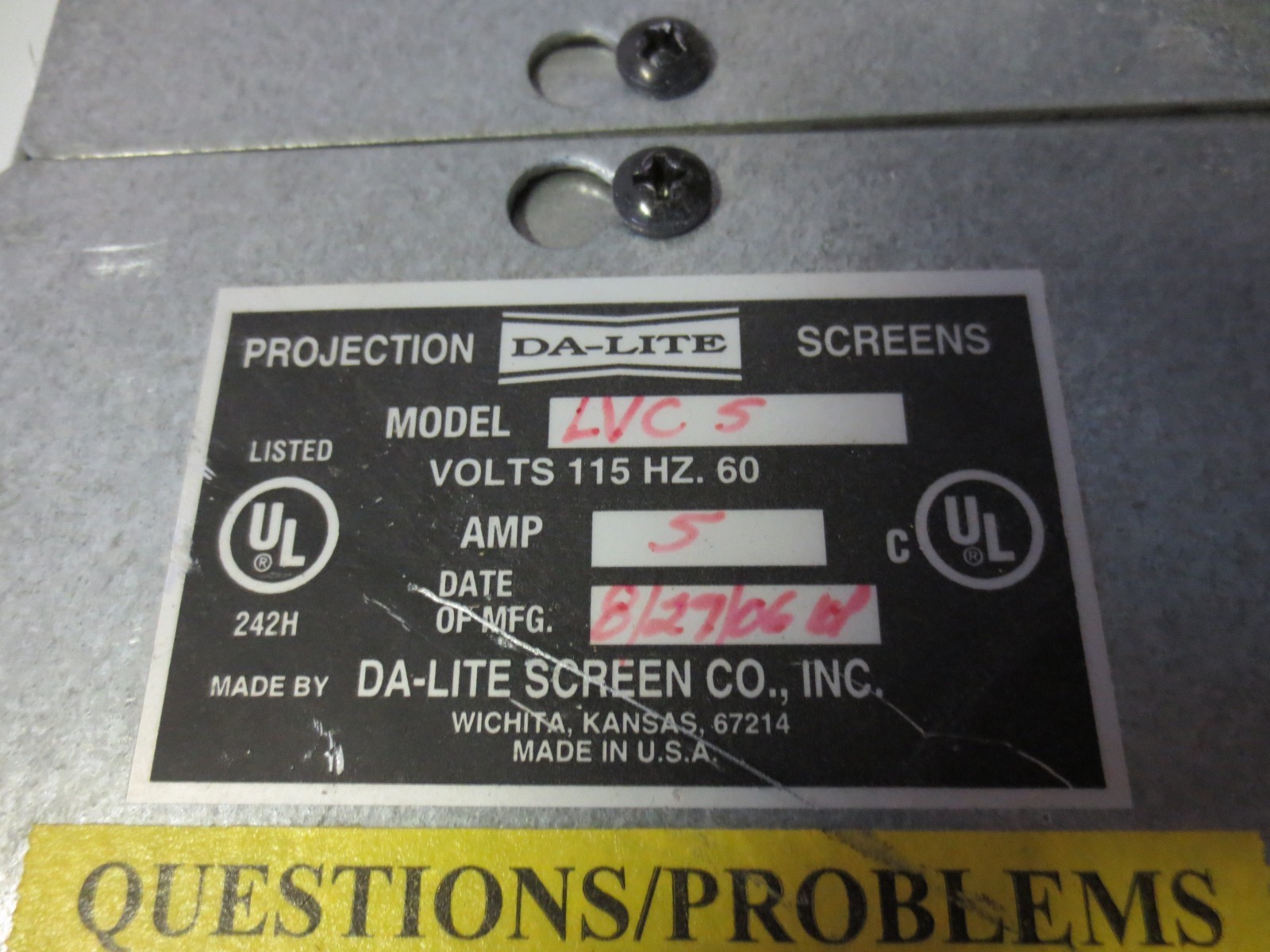 DALITE PROJECTION SCREEN LVC5, 5 AMP ELECTRIC eBay
