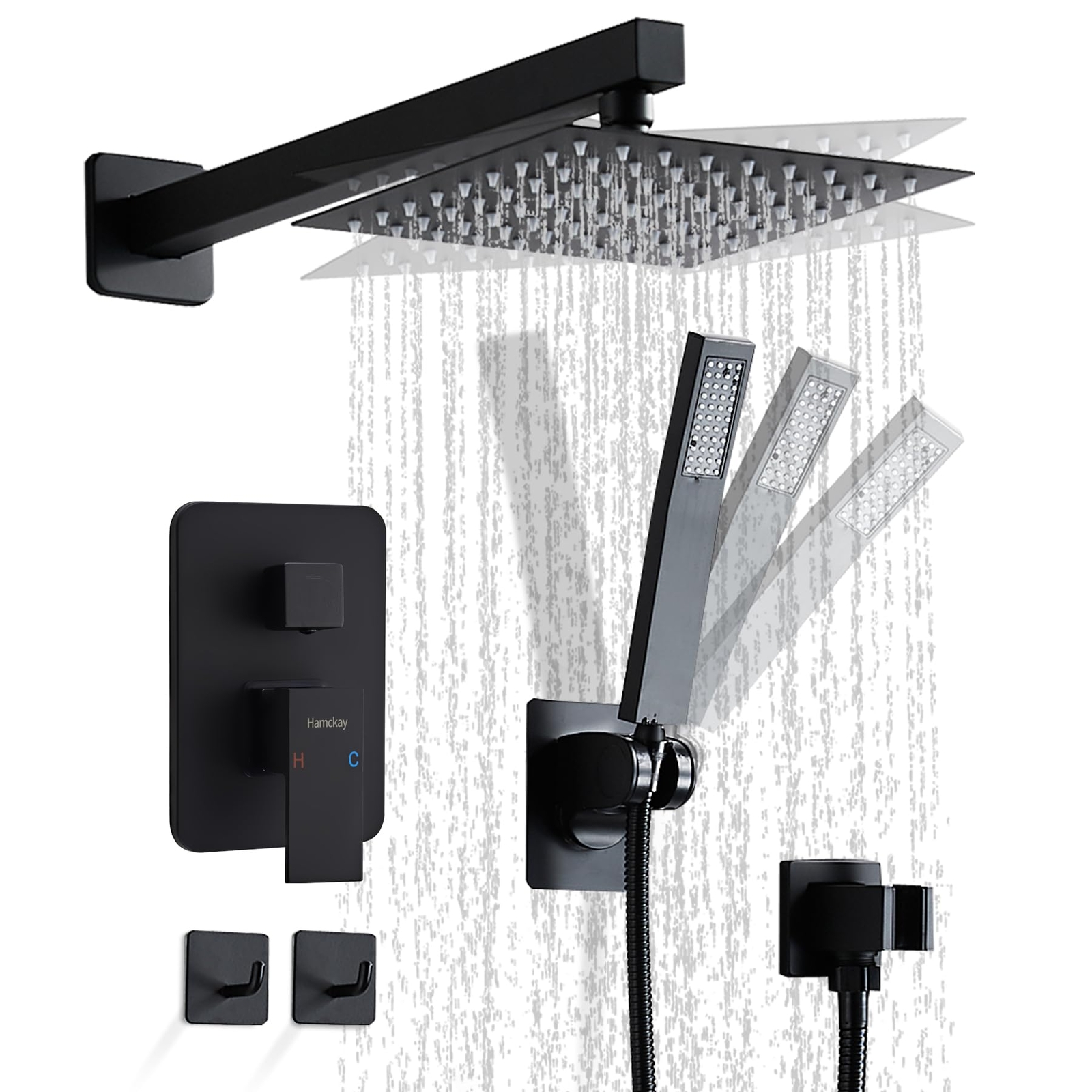 12 Inch Matte Black Shower Faucet Set with Square Rain Shower Head and Handhe...