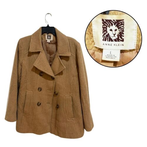 Anne Klein Camel Pea Coat Size L, Double Breasted, Warm Winter Coat