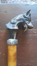 canne ancienne bambou pommeau tête chien ou loup bague argent