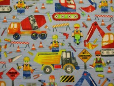KIDS CONSTRUCTION BLOCKS MEN DIGGER DUMP TRUCKS SIGNS BLUE COTTON FABRIC FQ