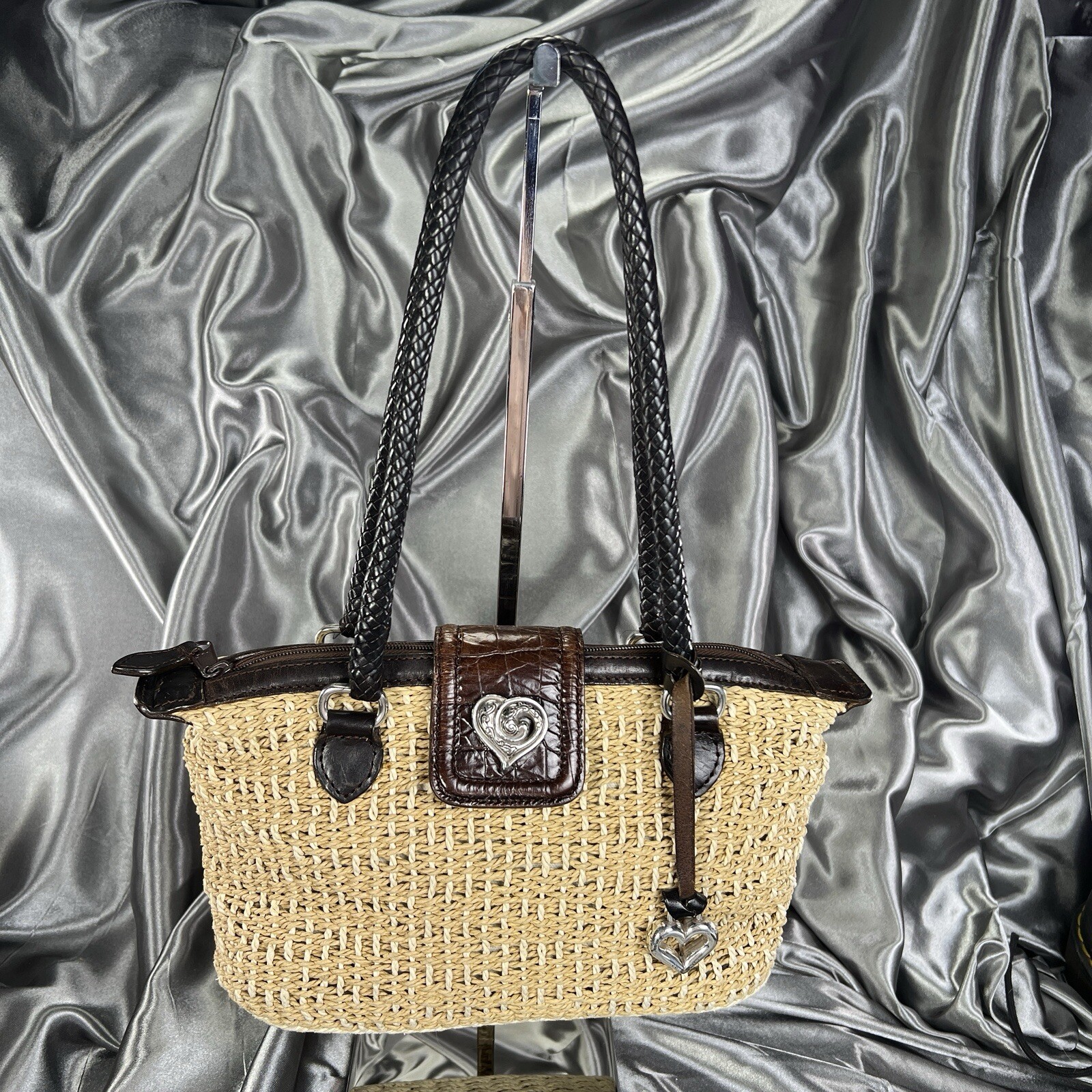 VTG Brighton Handbag Small Braided Leather Woven Rafia Straw Satchel Purse Heart