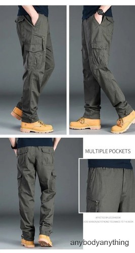 Hombres Pantalones de Carga Informales Cremallera Multi-bolsillo Rectos Pantalones Sueltos Cintura Elástica - Imagen 14 de 28