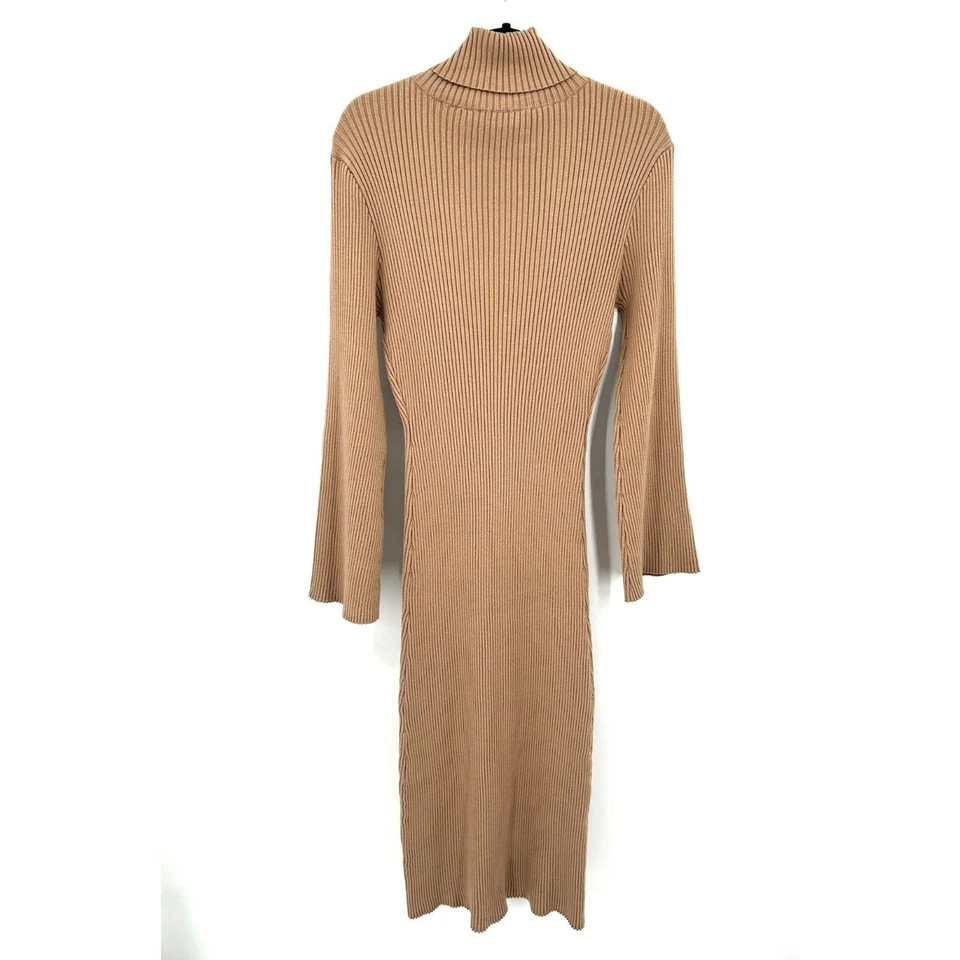 BUMPSUIT Maternity Beige Tan Ribbed Turtleneck Long Bell Sleeve Midi Dress Small - Image 4 of 4