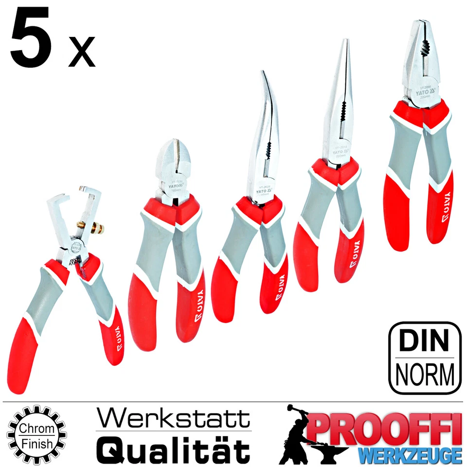 5 tlg Elektriker Zangen Set Seitenschneider Kombi Spitz Radio Abisolier Zange YT - Bild 2 von 4