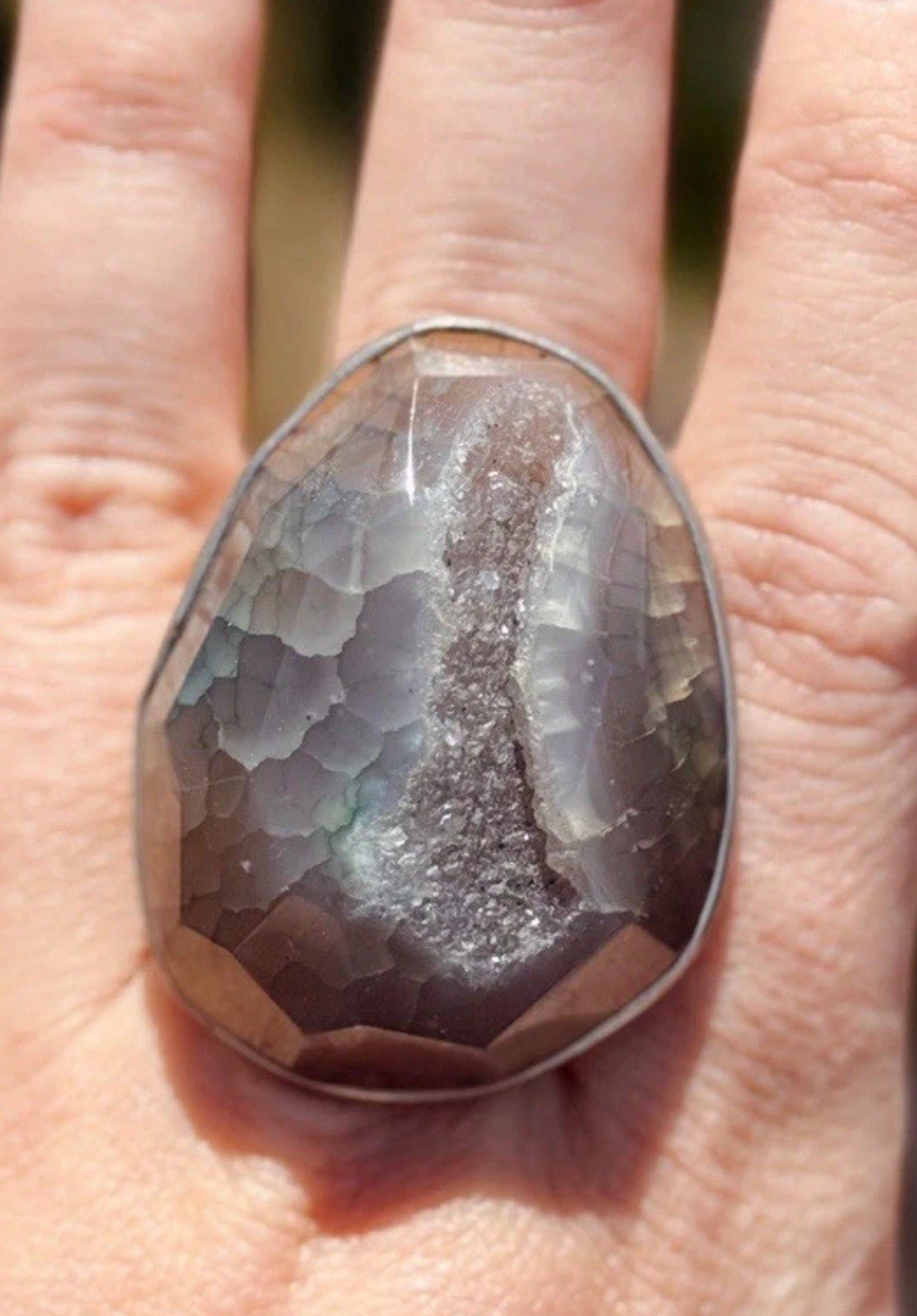 Large Druzy Agate Statement Ring Silver Tone Geod… - image 1